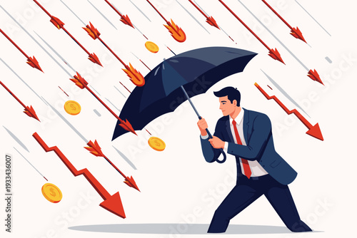 Businessman in a Suit Holding a Black Umbrella to Protect Himself from Falling Red Arrows, Flaming Arrows, Gold Coins and Downward Stock Market Trend Line, Financial Risk Management Concept.