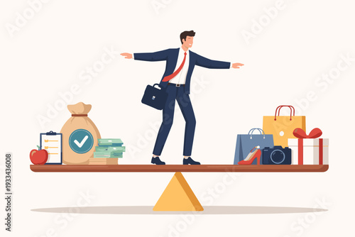 Businessman balancing on a seesaw between needs and wants. Left side features money bag, cash, and healthy food. Right side shows shopping bags, camera, and gifts. Financial planning concept.