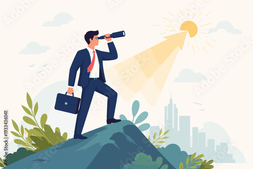 Visionary Businessman Standing on a Hill Looking Through a Telescope Towards a Bright Sun and Arrow Symbolizing Future Opportunities, Career Growth, Success, Leadership, and Strategic Planning