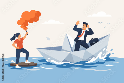 Businessman in Suit Panicking on Sinking Origami Paper Boat in Ocean Waves while Woman on Rock Signals for Help with Orange Smoke Flare, Concept of Business Crisis, Bankruptcy, and SOS Rescue