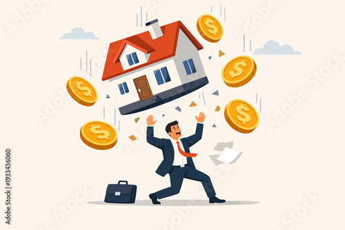 Businessman in Suit Panicking as a House and Large Gold Dollar Coins Fall on Him, Representing Real Estate Market Crash, Financial Crisis, Mortgage Debt, and Property Investment Risk Concept.