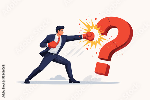 Businessman in Suit and Boxing Gloves Punching a Large Red Question Mark Symbolizing Problem Solving, Overcoming Uncertainty, Finding Answers, and Facing Business Challenges Illustration
