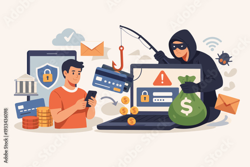 Cyber Security Concept of Hacker Stealing Money and Credit Card Data from User via Phishing Attack on Laptop and Smartphone, Financial Fraud, Identity Theft and Online Account Protection Vector.