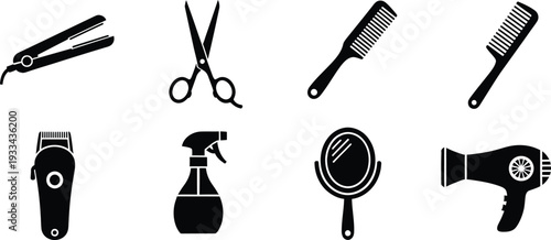 Collection of black hair salon tool icons including scissors combs and a hair dryer on white