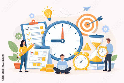 Time management and productivity concept with people working around a large clock, calendar, checklist, and hourglass. Flat vector illustration for business planning, deadlines, and scheduling.