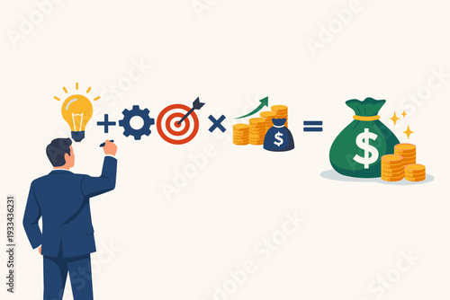 Businessman writing a financial success formula with idea lightbulb, gear, target, and money icons to represent the equation for making profit, wealth creation, and business growth strategy.
