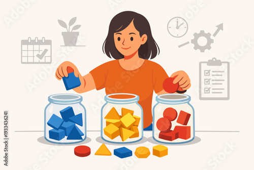 Woman Sorting Geometric Shapes into Jars as a Metaphor for Task Distribution and Successful Self Time Management. Productivity, Organization, and Efficiency Concept Vector Illustration.