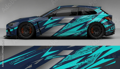 Dark blue sports hatchback car with a dynamic teal and silver abstract graphic wrap design.