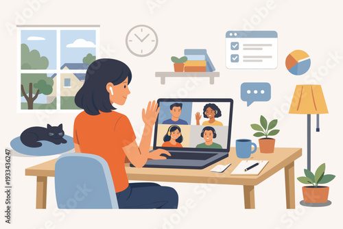 Woman Working from Home Having a Video Conference Call with Colleagues on Laptop, Remote Work Concept Illustration with Home Office Setup, Online Meeting, and Digital Communication Technology