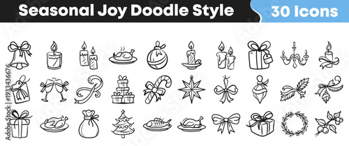 A collection of thirty charming doodle style icons representing various elements of seasonal joy and holiday celebration decorations.
