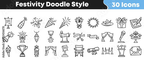 A diverse collection of charming hand-drawn doodle style icons for various festive occasions, celebrations, events, and award ceremonies, perfect for graphic design projects.