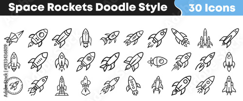 A collection of charming space rocket icons in a playful doodle style, perfect for illustrating themes of innovation, launch, and interstellar travel in various projects.