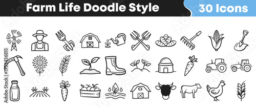 A comprehensive collection of 30 hand-drawn farm life doodle style icons featuring agriculture tools, crops, animals, and essential countryside elements for various design projects.
