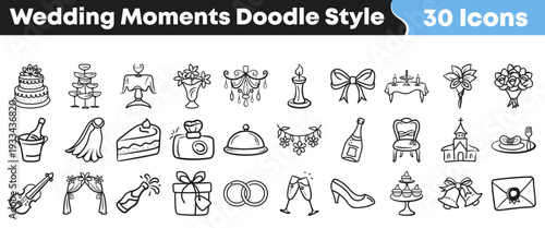 This collection features thirty charming hand-drawn doodle style icons representing various essential moments and elements of a wedding celebration, perfect for invitations.