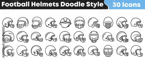 Collection of thirty unique doodle style icons depicting various American football helmets viewed from the side profile angles