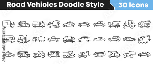 This extensive collection features thirty diverse hand-drawn outline icons of various road vehicles, rendered in a whimsical doodle style, perfect for engaging graphic design projects.