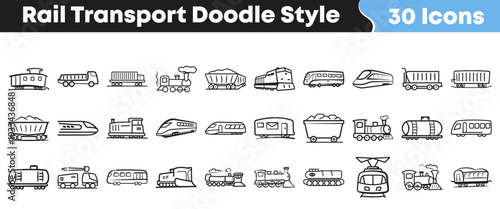 Collection of thirty unique doodle style rail transport icons featuring various trains locomotives and railway rolling stock components