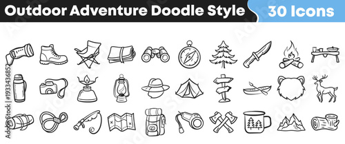 Thirty black and white doodle style icons representing essential outdoor adventure camping and hiking equipment for nature enthusiasts.