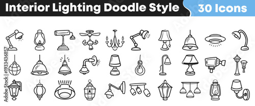 A collection of thirty hand drawn doodle style icons representing various interior and exterior lighting fixtures and lamps for design projects.