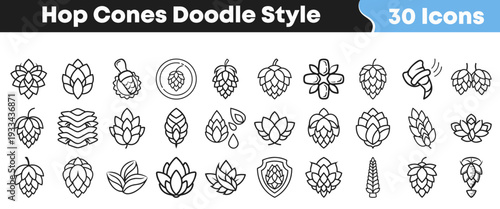A diverse set of hand-drawn hop cone doodle style vector icons perfect for craft beer brewing, brewery branding, and beverage industry graphic design applications.