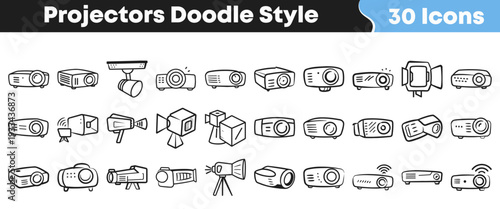 Thirty distinct hand drawn doodle style icons depicting various types of projectors and visual display technology perfect for presentations and media.
