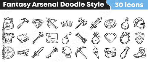 A comprehensive collection of 30 hand-drawn fantasy arsenal doodle style icons featuring various weapons, armor, and magical items for game development.