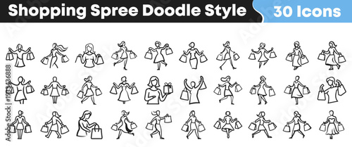 A vibrant collection of hand-drawn doodle style icons featuring women happily engaged in various shopping activities, perfect for e-commerce, retail, and sales related design projects.