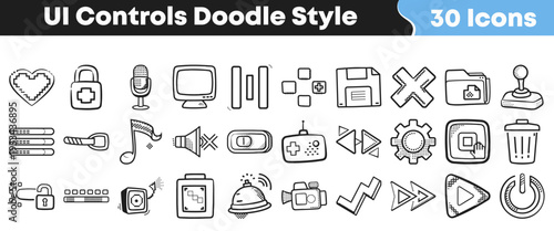 Thirty hand-drawn user interface controls in a charming doodle style, perfect for web design, mobile apps, and creative digital projects requiring an artistic touch.