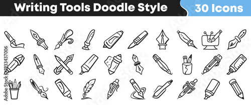 Thirty hand drawn doodle style icons representing various writing tools like pens markers and nibs for creative design work