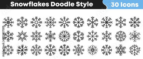 A collection of thirty unique snowflake icons in a charming doodle style, perfect for winter holiday designs, Christmas decorations, festive greeting cards, and seasonal graphic projects.