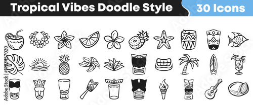 This delightful collection features thirty unique tropical-themed doodle icons perfect for summer fun, vacation designs, and beach-related projects, offering a charming hand-drawn aesthetic.