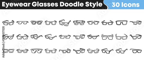 Collection of thirty distinct hand drawn doodle style icons representing various types of eyewear glasses for design projects.