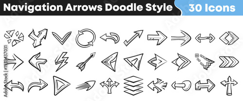 Collection of thirty unique hand-drawn doodle style navigation arrow icons for web and mobile interface design elements, perfect for creative projects.