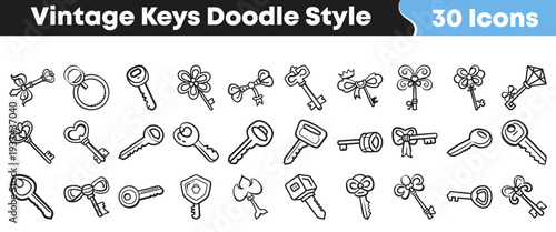 Collection of thirty unique vintage style hand drawn doodle icons representing various decorative and modern keys for security design concepts.