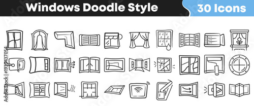 This extensive collection presents 30 unique hand-drawn doodle-style window icons, depicting a wide array of window types and related elements for design projects.