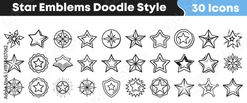 A diverse collection of hand-drawn star emblems, badges, and icons showcasing various doodle styles, ideal for rating, quality, award, and achievement design elements.