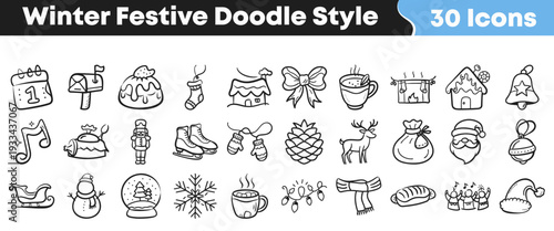 A charming collection of winter festive doodle style icons, perfect for Christmas holiday designs, featuring hand-drawn elements like Santa, snowmen, and gifts.