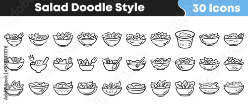 A collection of thirty black and white doodle style icons representing various types of fresh healthy salads served in bowls for food design.