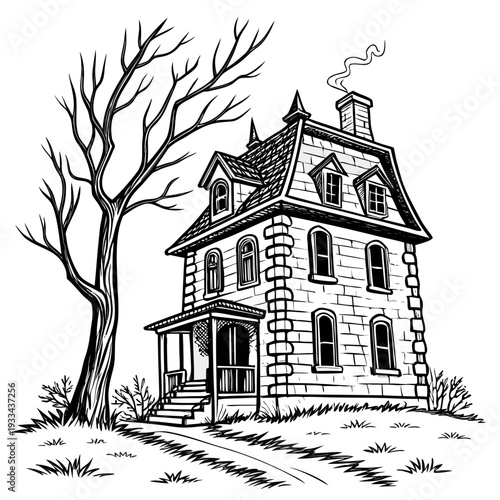 Spooky Victorian style haunted house with bare winter branches on desolate landscape, black and white illustration