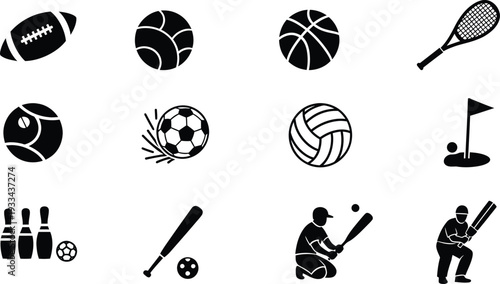 Set of black and white silhouette icons representing various popular sports and equipment