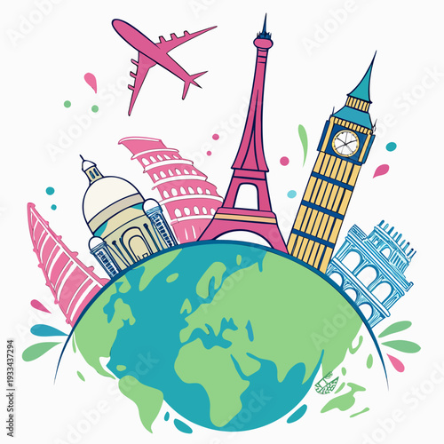 Vibrant cartoon illustration of world landmarks circling globe with airplane flying overhead for travel concepts