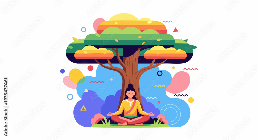 Obraz premium woman meditating under a tree, peaceful scene, mindful moment, nature connection, tranquility, relaxation.