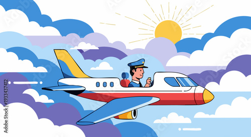 Pilot flying a small private jet airplane through the sky.