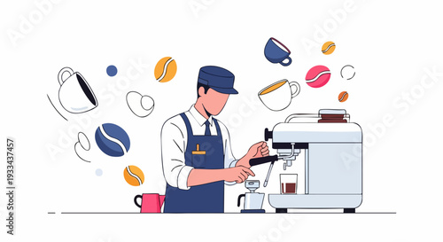 Barista Making Coffee with Espresso Machine Surrounded by Coffee Beans and Cups.