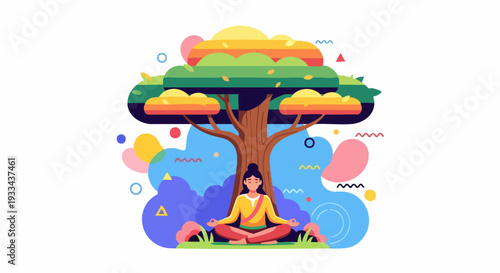woman meditating under a tree, peaceful scene, mindful moment, nature connection, tranquility, relaxation.