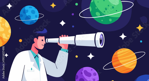 Scientist observing planets and stars through a telescope in space.