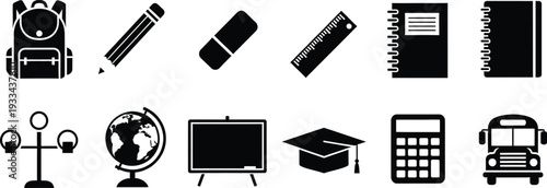 Set of black school icons including backpack pencil eraser ruler notebook globe and bus.