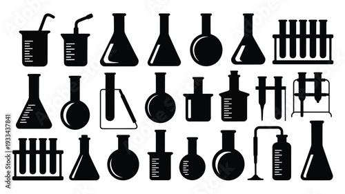 A detailed vector illustration featuring various black laboratory equipment on a white background, perfect for science and research themes.