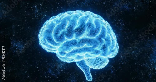 Glowing blue particle brain forming from energy sparks, futuristic artificial intelligence concept, 3D motion graphic animation on dark background