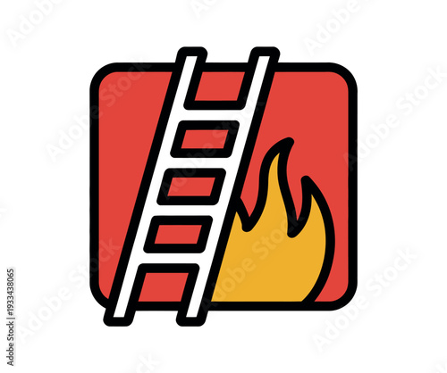 A graphic illustration of a ladder leaning against a red square with a yellow flame